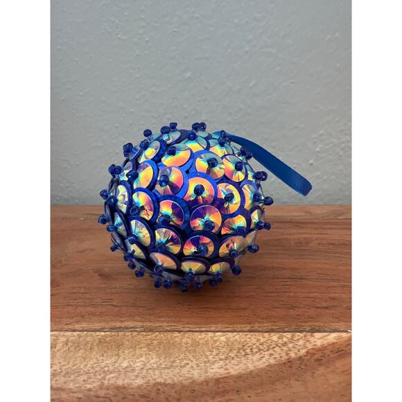 Vintage Push Pin Beaded Blue Jeweled Sequin Christmas Ornament Handmade - Picture 3 of 5